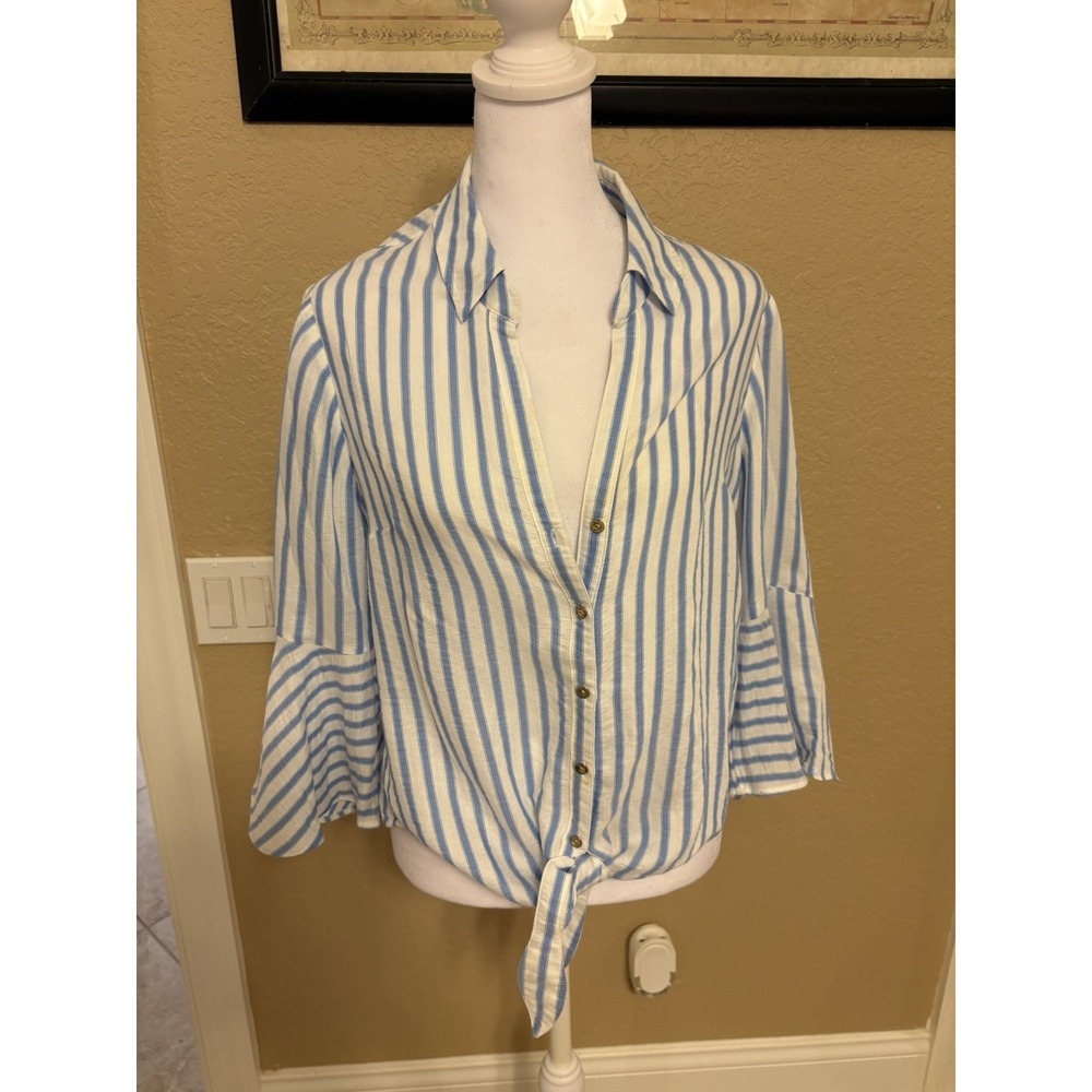 Lilly Pulitzer Lysa Blue White Striped Buttonup Tie Front Blouse Womens S
